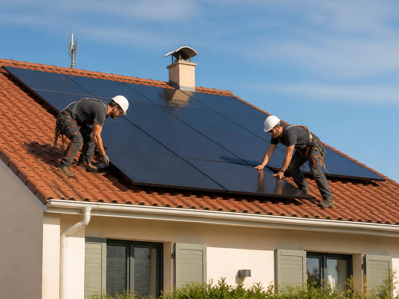 Poseurs certifiés installant une centrale photovoltaïque sur un toit en tuiles à Doubs